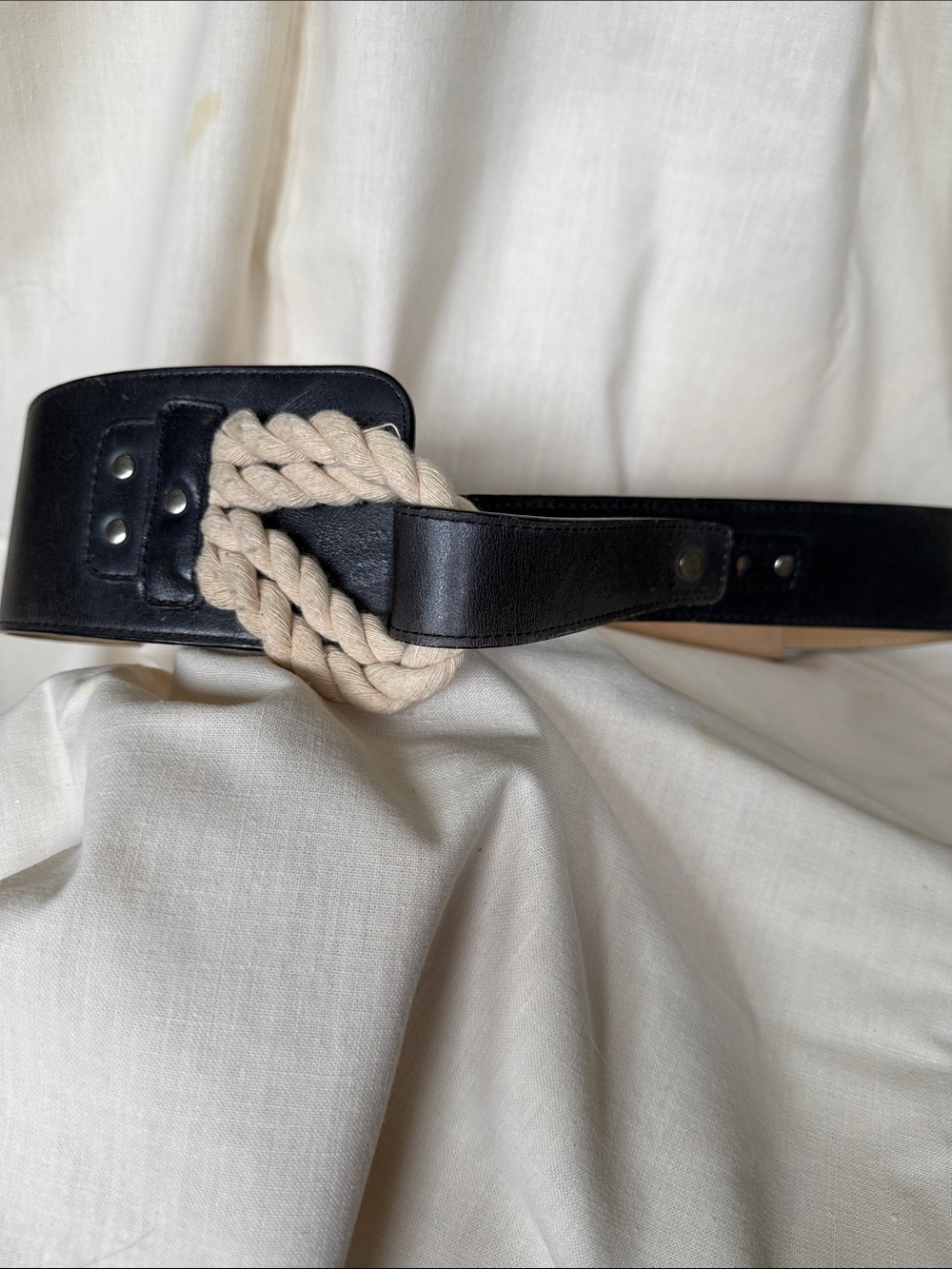 Wide Black Leather Belt with Braided Cream Rope Loop